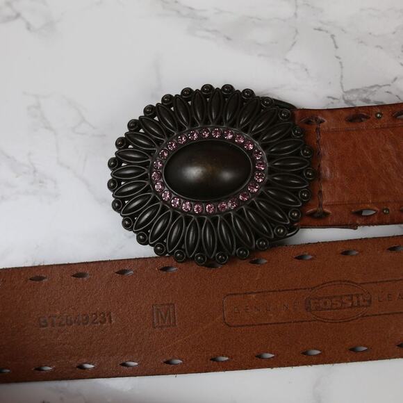Fossil Brown Leather Belt Boho Victorian Metal Buckle Pink Rhinestone Medium - Picture 3 of 8